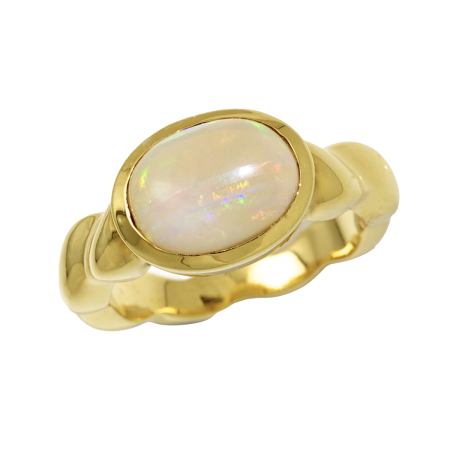20054 Single Flowing Lines Opal Ring Designed and Handmade by Kaufmann de Suisse in 18kt Yellow Gold featuring 1 Oval Cut Multi Color Opal weighing 2.41cts