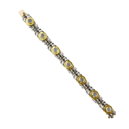 20073 Callista Flowing Lines Moonstone Bracelet Designed & Handmade by Kaufmann de Suisse in 18kt Yellow Gold & Stailness Steel featuring 7 Round 6mm Moonstones