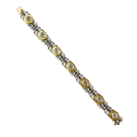 20073 Callista Flowing Lines Moonstone Bracelet Designed & Handmade by Kaufmann de Suisse in 18kt Yellow Gold & Stailness Steel featuring 7 Round 6mm Moonstones