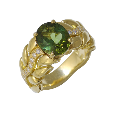 20301 Double Flowing Lines Ring Designed & Handmade by Kaufmann de Suisse in 18kt Yellow Gold featuring 2 Pear Shape Green Tourmalines weighing 3.67cts total