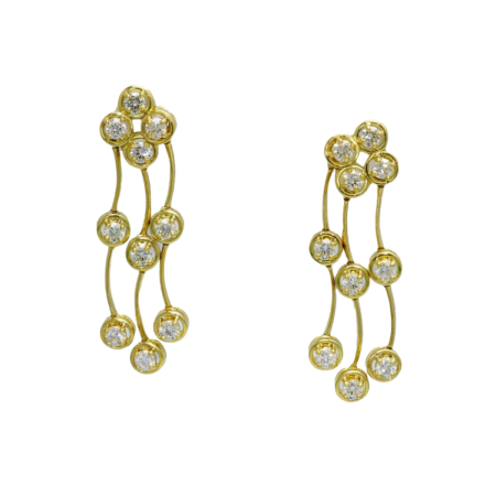 21414 Triple Cascade Diamond Earrings Designed & Handmade by Kaufmann de Suisse in 18kt Yellow Gold featuring 20 Round Brilliant Cut HVS2 Diamond weighing a total of 3.64cts
