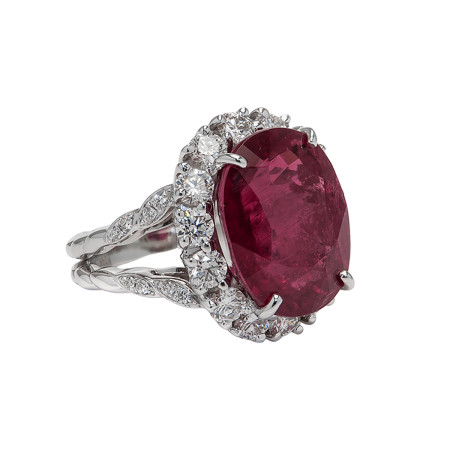 21852A Double Flowing Lines Split Shank Pink Tourmaline and Diamond Ring Designed & Handmade by Kaufmann de Suisse in Platinum featuring one 8.59cts Cushion Cut Pink Tourmaline and mounted with 20