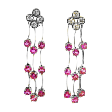 21907 Triple Cascade Dangle Drop Earings Designed & Handmade by Kaufmann de Suisse in 18kt White Gold featuring 12 Round Brilliant Cut Pink Sapphires weighing 8.45cts and 8 Round Brilliant