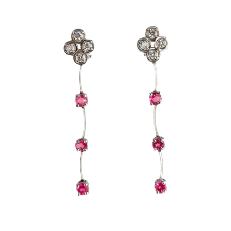 21973 Single Cascade Dangle Drop Earings Designed & Handmade by Kaufmann de Suisse in 18kt White Gold featuring 6 Round Brilliant Cut Pink Sapphires weighing 3.90cts and 8 Round Brilliant Cut GVS