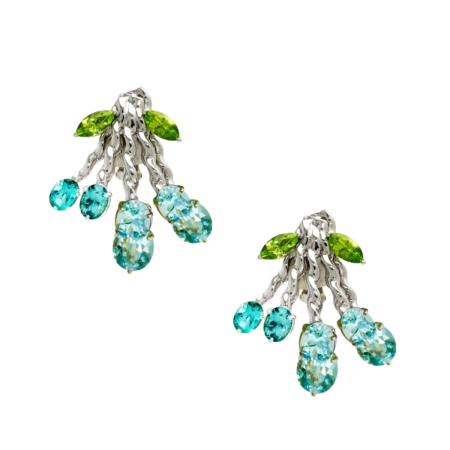 21985 Flowing Lines Bouquet Earrings Designed & Handmade in 18kt White Gold featuring 12 Oval Blue Topaz weighing a total of 18.72cts and 4 Marquise Cut Peridot weighing a total of 4.00cts
