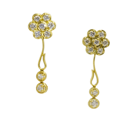 22114 Flowing Lines Fleurette Diamond Drop Earrings Designed & Handmade by Kaufmann de Suisse in 18kt Yellow Gold featuring 18 Round Brilliant cut GVS Quality Diamonds weighing a total of 2.38cts