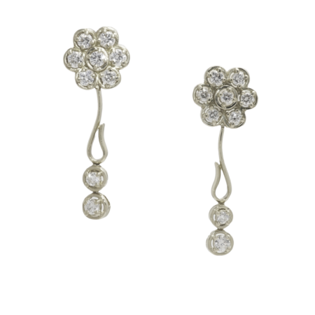 22143 Fleurette Diamond Clip on Earrings Designed & Handmade by Kaufmann de Suisse in 18kt White Gold featuring 18 Round Brilliant cut GSI Quality Diamonds weighing a total of 2.47cts