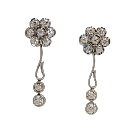 22165 Diamond Fleurette Drop Earrings Designed & Handmade by Kaufmann de Suisse in 18kt White Gold featuring 18 Round Brilliant cut HSI Quality Diamonds weighing a total of 2.47cts.