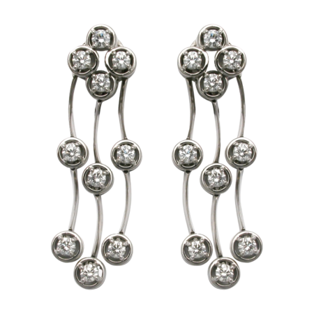 22219 Diamond Cascade Dangles Designed and Handmade by Kaufmann de Suisse in 18K White Gold featuring 3 Rows of Diamond Dangles containing 50 Round Brilliant