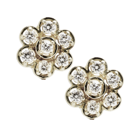 22256 Diamond Daisy Clip Earrings Designed and Handmade by Kaufmann de Suisse in 18kt White Gold featuring 14 Round Brilliant Cut GSI Quality Diamonds weighing a total of 1.99cts.
