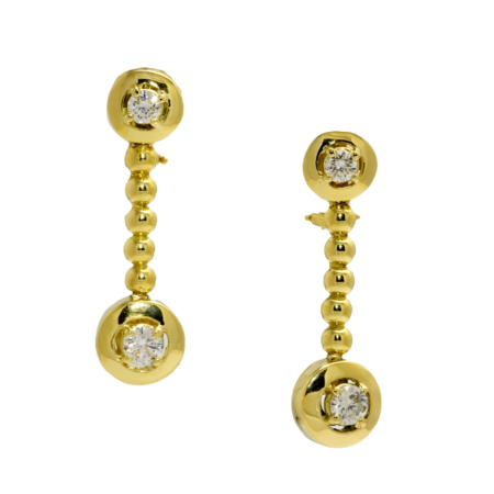 22354 Yellow Gold Bead & Diamond Dangle Drop Earrings Designed & Handmade by Kaufmann de Suisse in 18kt Yellow Gold featuring 4 Round Brilliant Cut GVS Quality Diamonds weighing a total of 1.22cts
