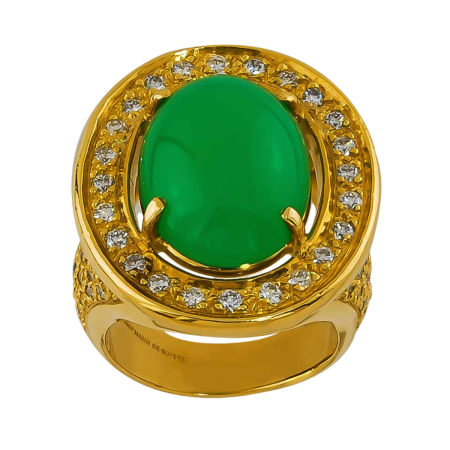 22629 Soleil Chrysoprase and Diamond Ring Designed & Handmade by Kaufmann de Suisse in 18kt Yellow Gold featuring 1 Oval Chrysoprase weighing 7.50cts mounted with 98 Round Brilliant Cut GVS Qualit