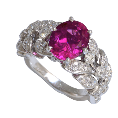 22635 Double Flowing Lines Pink Sapphire Ring Designed & Handmade by Kaufmann de Suisse in Platinum featuring one Oval 3.96cts Pink Sapphhire mounted with 20 Round Brilliant cut FVVS Quality Diamo