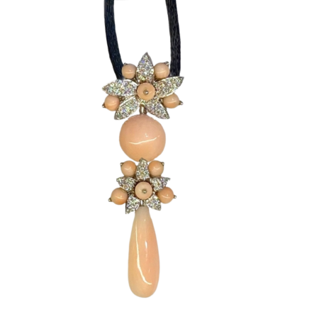 22772 Angel Skin Coral & Diamond Jasmin Drop Pendant Designed & Handmade by Kaufmann de Suisse in 18kt White Gold featuring 10 Angel Skin Coral Beads measuring 4mm, 1 Angel Skin Coral Half Round m