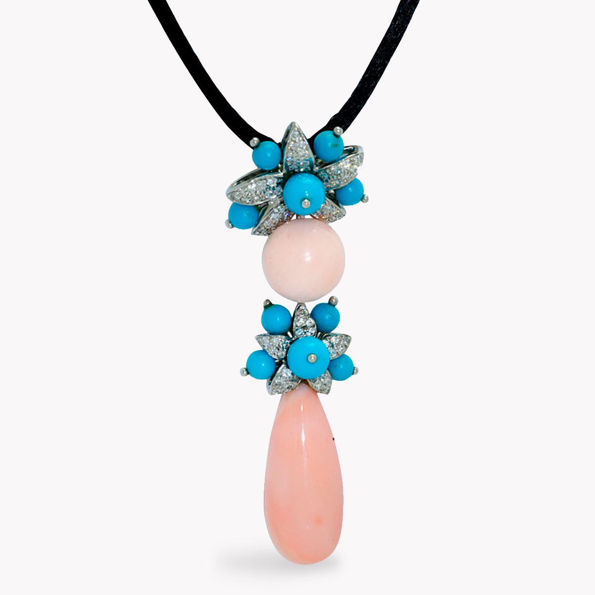 Angel Skin Coral & Diamond Jasmin Drop White Gold Pendant On Black Silk Cord