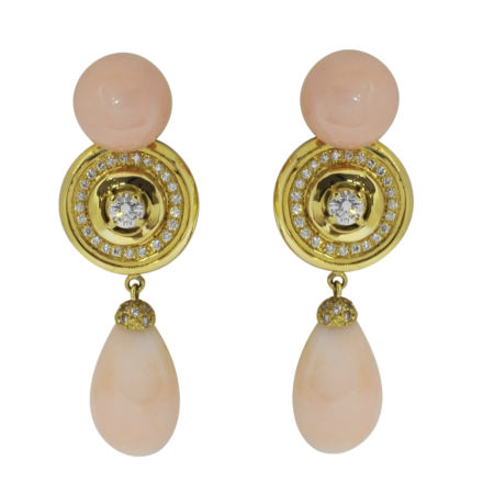 22938 Soleil Angelskin Coral Earrings Designed & Handmade by Kaufmann de Suisse in 18kt Yellow Gold featuring 74 Round Brilliant Cut GSI Quality Diamonds weighing a total of 1.32cts and 2 Button S
