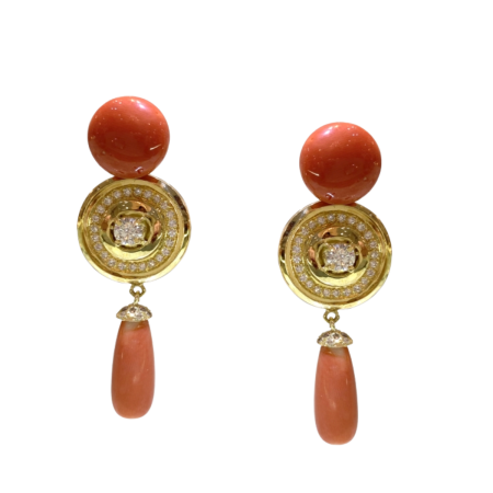 22940 Soleil Coral Earrings Designed & Handmade by Kaufmann de Suisse in 18kt Yellow Gold featuring 74 Round Brilliant Cut GSI Quality Diamonds weighing a total of 1.35cts, and 2 Button Shape Cora