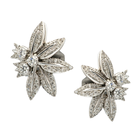 23091 Diamond Feuille Earclips Designed & Handmade by Kaufmann de Suisse in 18kt White Gold featuring 140 Round Brilliant cut GVS Quality Diamonds weighing a total of 2.11cts