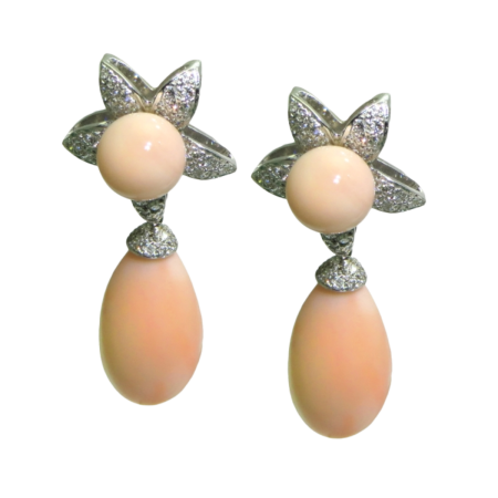 23097Jasmin de Nuit Diamond and Angel Skin Coral Drop Earrings Designed & Handmade by Kaufmann de Suisse in 18kt White Gold featuring 140 Round Brilliant Cut GVS Quality Diamonds weighing a total