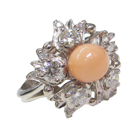 23105 Lily of the Valley Coral & Diamond Ring Designed & Handmade by Kaufmann de Suisse in 18kt White Gold featuring one 7.3mm Coral Bead flanked by 15 Round Brilliant Cut GSI Quality Diamonds wei (1)