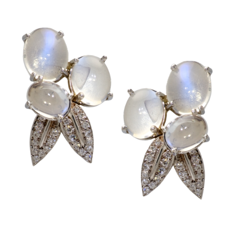 23113 Feuille Moonstone & Diamond Clip Earrings Designed & Handmade by Kaufmann de Suisse in 18kt White Gold featuring 6 10 6mm Moonstones and 52 Round Brilliant Cut GSI Quality Diamonds weighin