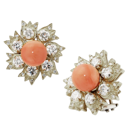 23138 Lilly of the Valley Coral & Diamond Clip Earrings Designed & Handmade by Kaufmann de Suisse in 18kt White Gold featuring 2 x 8.4mm Coral Beads and 21 Round Brilliant Cut GSi Quality Diamonds