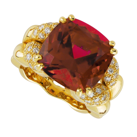 23195 Rubellite & Diamond Ring Designed and Handmade by Kaufmann de Suisse in 18kt Yellow Gold and Platinum featuring 1 very fine Cushion Cut Rubellite weighing 32.51cts mounted with 20 Assher Cut