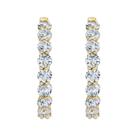 23220 Diamond J Hoops Designed & Handmade by Kaufmann de Suisse in 18kt Yellow Gold featuring 28 Round Brilliant cut HSI Quality Diamonds weighing a total of 4.52cts