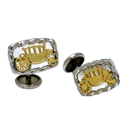 23257B Flowing Lines Carriage Cufflinks Designed and Handmade by Kaufmann de Suisse in 18kt Yellow Gold and Stainless Steel