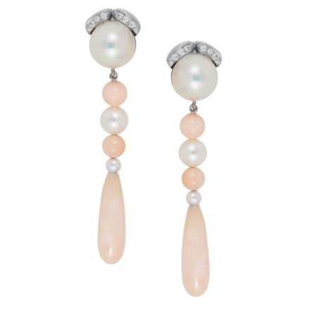 23296 Diamond, Pearl and Coral Drop Dangle Earrings Designed & Handmade by Kaufmann de Suisse in 18kt White Gold featuring 2 x 12mm Mabe Pearls, 4 Akoya Pearls, 4 x 6 mm Angel Skin Coral Beads