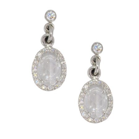 23300 White Sapphire & Diamond Drop Earrings Designed and Handmade in 14k White Gold featuring 2 White Sapphires weighing a total of 2.00cts and 36 Round Brilliant cut GSI Quality Diamonds