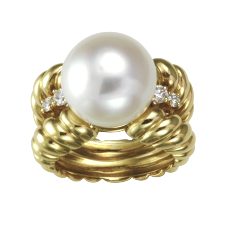 23303 Modern Pearl & Diamond Ring Designed and Handmade in 18kt Yellow Gold featuring one 15.4mm Mabe Pearl flanked by two Round Brilliant Cut Diamonds weighing a total of 0.04cts