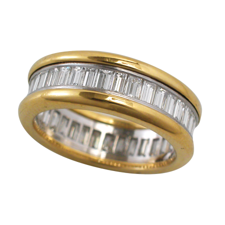 23313 Classic Baguette Cut Half Hoop Diamond Eternity Band Designed and handmade in 14kt Yellow Gold and featuring 12 Baguetted Cut Channel Set FVVS Quality Diamonds weighing a total of 0.72cts