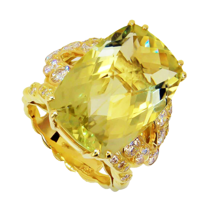 23325 Double Flowing Lines Lemon Quartz and Diamond Ring Designed & Handmade by Kaufmann de Suisse in 18kt Yellow Gold featuring 19.25cts Cushion Lemon Quartz flanked and mounted with