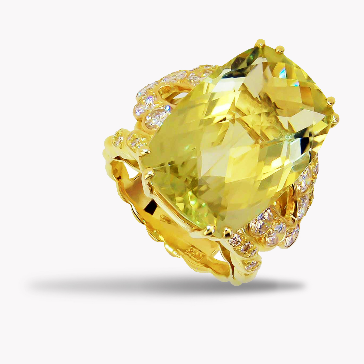 23325 Double Flowing Lines Lemon Quartz and Diamond Ring in Yellow Gold