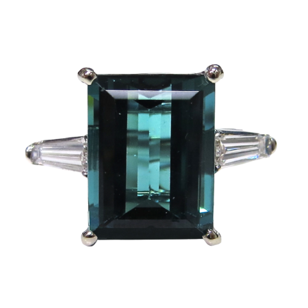 23335 Classic Teal Blue Tourmaline & Diamond Ring Designed & Handmade by Kaufmann de Suisse in 18kt White Gold featuring 1 Emerald cut Teal Blue Tourmaline weighing 5.82cts flanked