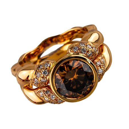 23341 Double Flowing Lines Diamond Ring Designed & Handmade by Kaufmann de Suisse in 18kt Rose Gold featuring one Cognac Color (or Fancy Orangey Brown) 2.57cts Brilliant cut Diamond mounted with 3