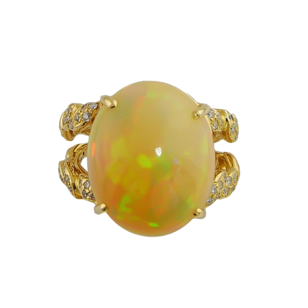 23351 Flowing Leaves Jelly Opal & Diamond Ring Designed and Handmade by Kaufmann de Suisse featuring one 19cts Oval Jelly Opal mounted with 60 Round Brilliant Cut FVVS Quality Diamonds weighing a