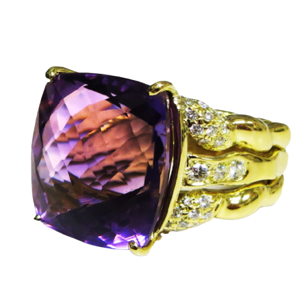 23357 Triple Flowing Lines Amethyst Ring Designed & Handmade by Kaufmann de Suisse in 18kt Yellow Gold featuring one Cushion 31.16cts Amethyst mounted with 46