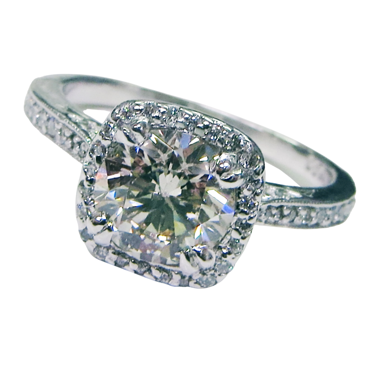 23359 Classic Diamond Engagement Ring Designed and Handmade in Platinum featuring a 1.01cts Round Brilliant Cut KSI2 Quality Diamond mounted with 66 Round