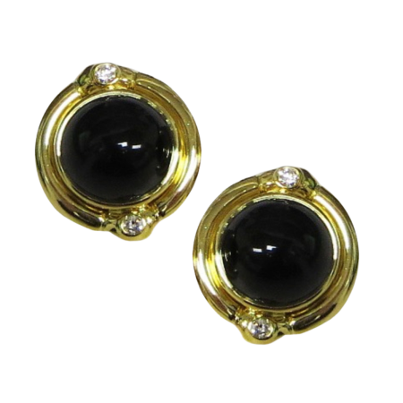 23384 Onyx & Diamond Yellow Gold Clip On Earrings Designed & Handmade by Kaufmann de Suisse in 18kt Yellow Gold featuring 2 Round Onyx and 4 Round Brilliant Cut FVVS Quality Diamonds