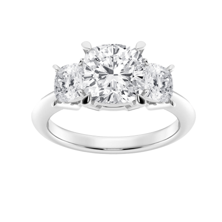 23396 Classic Three Stone Diamond Engagment Ring Designed and Handmade in Platinum featuring one Cushion Cut GSI2 Quality GIA Certified 2.37cts Diamond flanked by 2 Cushion Cut