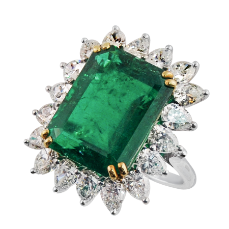 23408 Green Bery & Diamond Halo Ring Designed and Handmade in Platinum featuring one 13.59cts Emerald Cut Green Beryl surrounded by 18 Pear Shaped HVS Quality Diamonds weighing a total of 5.40cts