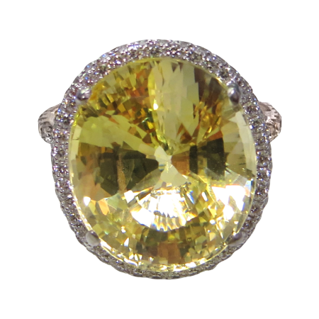 23420 Yellow Sapphire & Diamond Cocktail Ring Designed & Handmade by Kaufmann de Suisse in 18kt White Gold featuring 1 Oval GRS Certified No Heat Yellow Sapphire weighing 14.79cts mounted