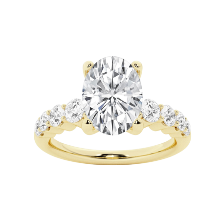 23456 Classic Diamond Engagement Ring featuring 1 Oval Cut GIA Certified 2.61cts JSI1 Quality Diamond mounted in 14kt Yellow Gold with 8 Round Brilliant Cut