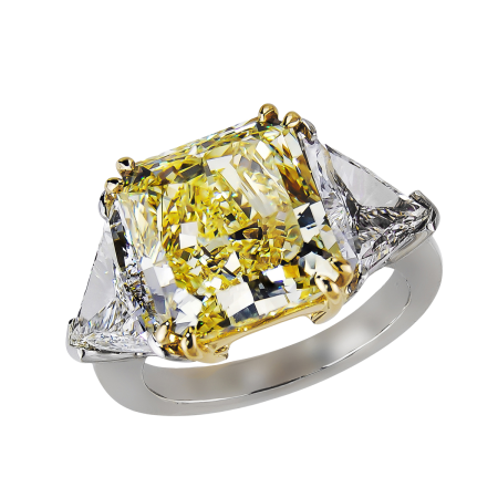 23462 Classic Three Stone Emerald & Diamond Ring Designed and Handmade by Kaufmann de Suisse in 18kt Yellow Gold & Platinum featuring one Emerald Cut AGL Certified 15.45cts Columbian Emerald flank