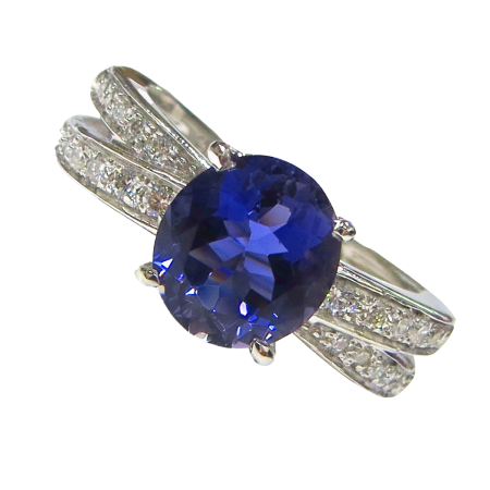 23467 Iolite and Diamond Crossover Ring Designed & Handmade by Kaufmann de Suisse in Platinum featuring 1 Oval Cut 2.15cts Iolite and 22 Round Brilliant Cut GVS Quality Round Diamonds weighing a t