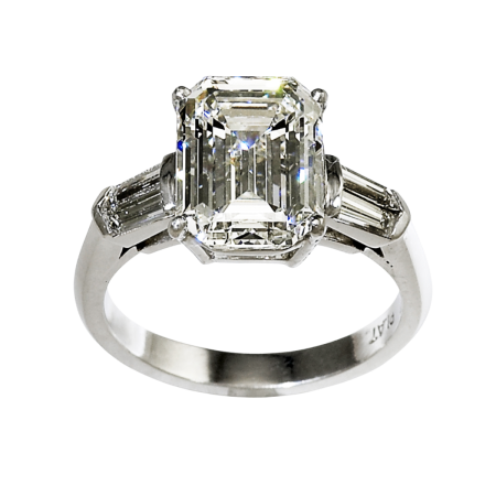 23519 Classic Emerald Cut Engagement Ring Designed & Handmade by Kaufmann de Suisse in Platinum featuring one Emerald Cut 2.38 cts FVS2 GIA Certified Diamond flanked by 2 FVVS Taperred Baguette Di