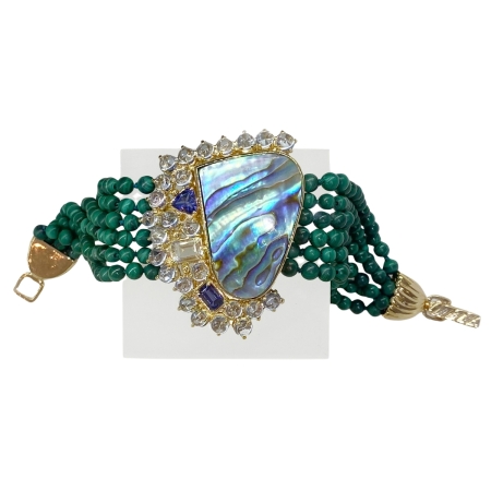 23530-Malachite Bead, Mother of Pearl, Aquamarine and Iolite Bracelet Designed & Handmade by Kaufmann de Suisse in 18kt Yellow Gold featuring one Free Form Mother of Pearl weighing 33.66cts,