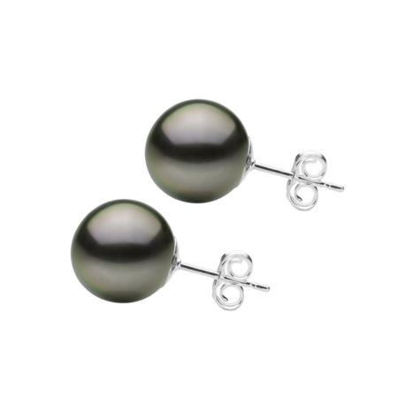 23571 10.5mm Black Tahitian Pearl Earring Studs Handmade in 18kt White Gold